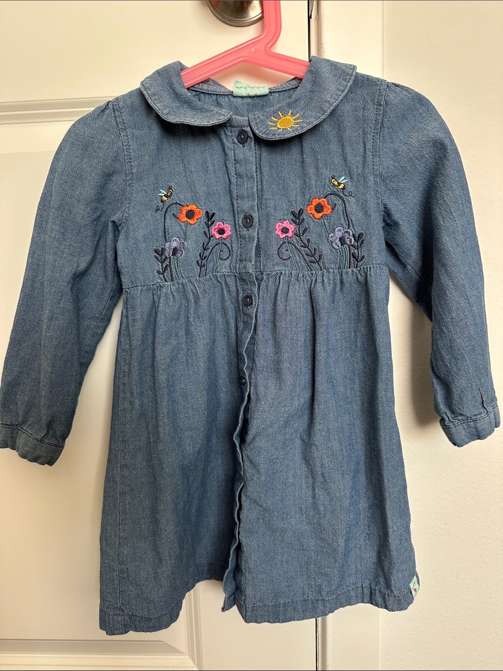 Denim Button-Front Dress with Floral Embroidery